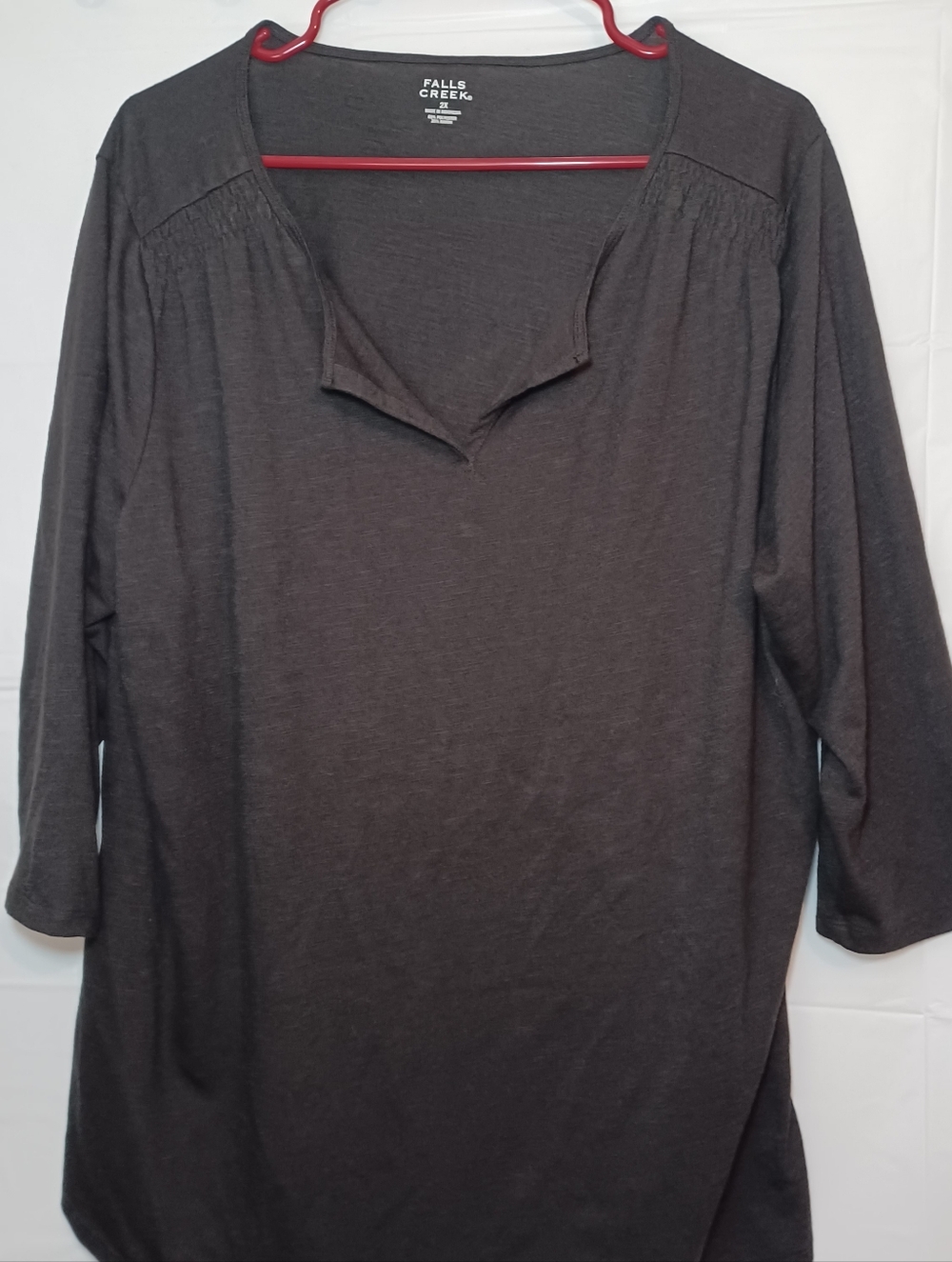 Falls Creek Charcoal Black 3/4 Sleeve Notch Neck Tunic Has Smocking On Shoulders